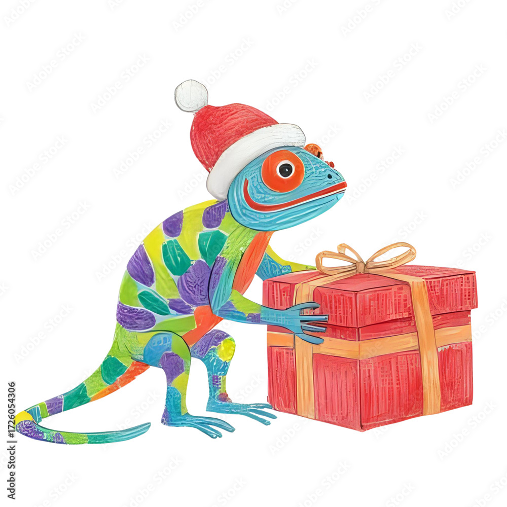 Naklejka premium クリスマスプレゼントをもらったカメレオン