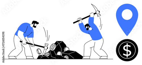 Two workers break rocks with tools, symbolizing resource mining and hard work. Adjacent map pin and currency icon represent location and financial value. Ideal for teamwork, labor, finance, resource