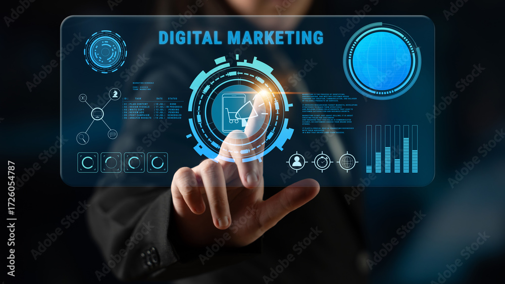 Fototapeta premium Digital marketing strategy for online business promotion and advertising. A concept of campaign management and content planning for brand growth. Motif