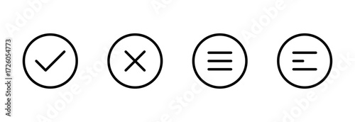 Menu icons, Check mark cross and align icons inside circular outlines in minimal design, Vector illustration.