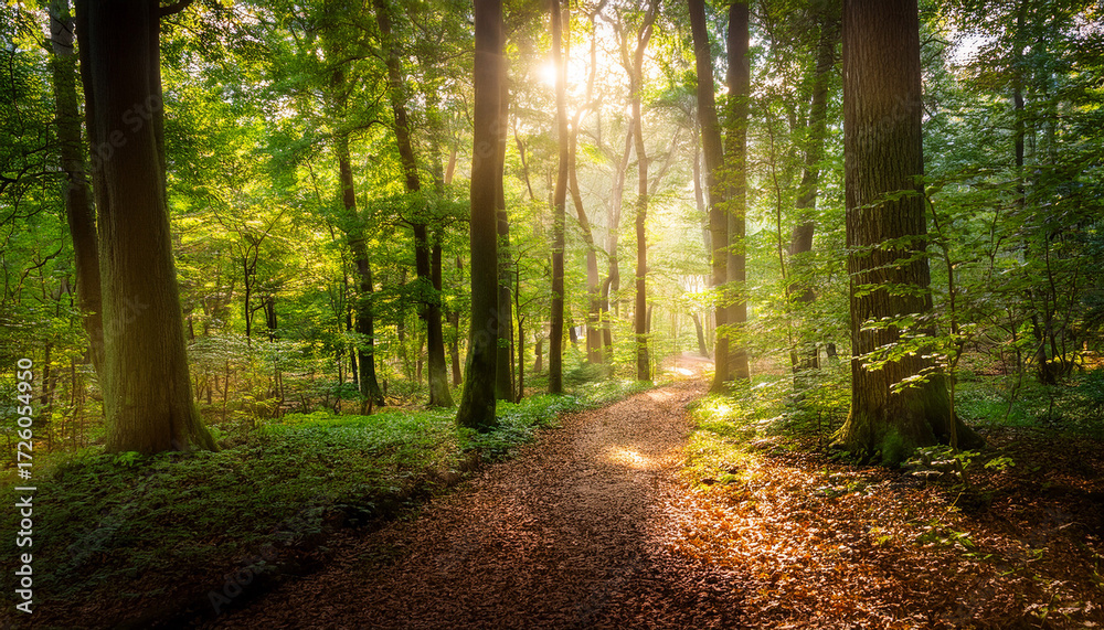Fototapeta premium A Serene Forest Scene With Sunlight Filtering Through Tall Trees Casting A Warm Glow On A Winding Path The Ground Is Covered With Lush Greenery And Fallen Leaves Creating A Tranquil Atmosphere