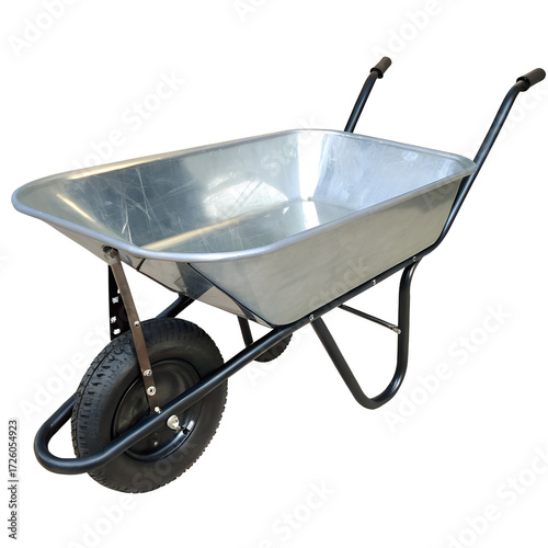 Durable metal wheelbarrow isolated on transparent background, ideal for gardening, construction, and landscaping tasks with ease