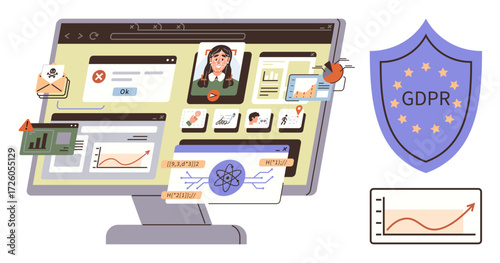 Computer monitor with charts, user profiles, virus icon, spyware, GDPR compliance shield. Ideal for cybersecurity, data protection, personal privacy, compliance online monitoring tech education