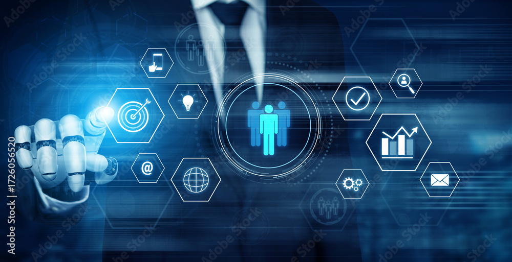 Naklejka premium AI coordinating business teamwork, analyzing team communication, enhancing productivity, and aligning digital performance goals through structured collaboration systems. Vouch