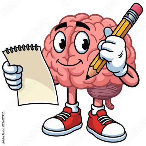 Funny cartoon illustration of a man character holding a pencil with a big smile and a sign of power