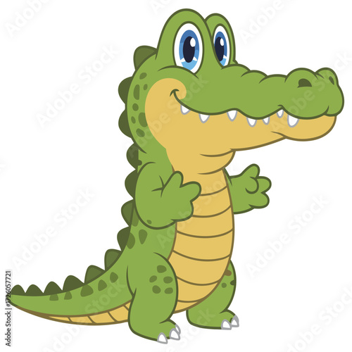 Cute, green cartoon animal vector illustration of a happy baby crocodile character with a funny smile