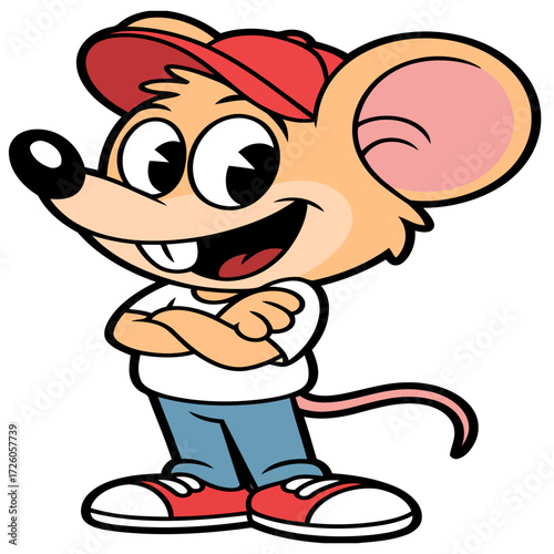 Fat funny cartoon mouse with big eyes, a stick, and cheese, a cute animal character illustration vector with a smile