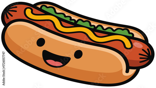 Vector cartoon illustration of a fast food hot dog with mustard, ketchup, and sausage in a bun