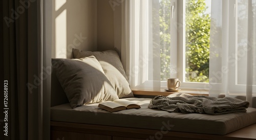 Cozy sunlit window seat with cushions, open book, and warm drink, perfect for quiet relaxation and reading