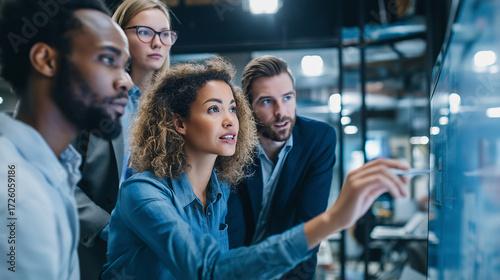 Modern business team collaborating around digital screen in sleek office, diverse professionals brainstorming creative strategies together