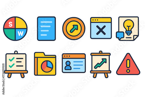 Business and productivity flat icon set. office, planning, and management icons