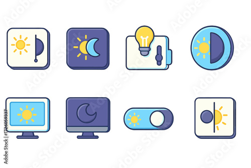 Day and night flat icon set. sun, moon, light, and dark mode icons collection