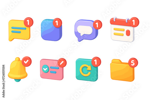 Notification, message 3d icon set. alerts, badges, communication symbols collection