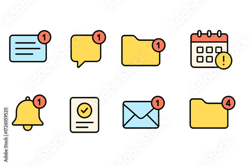 Notification, alert flat icon set. messaging, email, calendar flat icons collection