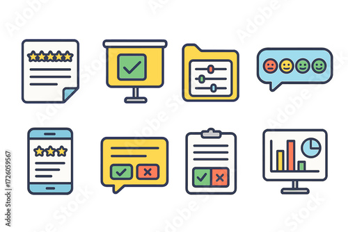 Feedback and review flat icon set. customer satisfaction and evaluation icons collection