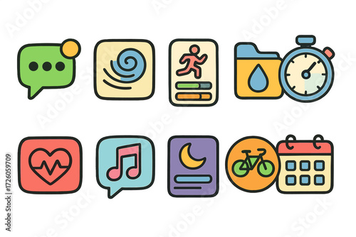 Health and fitness flat icon set. exercise, wellness, activity icons in flat style