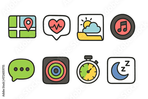 Communication and leisure icon set. colorful, flat, everyday icons collection