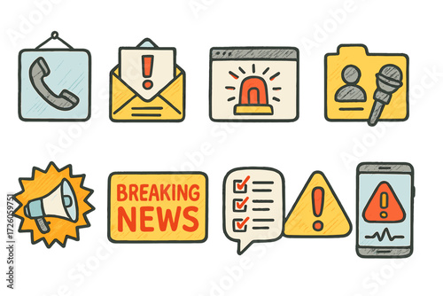 Breaking news flat icon set. alert, notification, communication flat icons collection