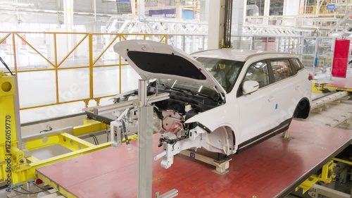 The undercarriage of a car body moves along an assembly line conveyor in an automobile factory. A high angle view from beneath the industrial conveyor belt with a protective metal grate.