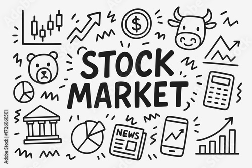 Finance and stock market outline icon set: investment, graphs, currency symbols
