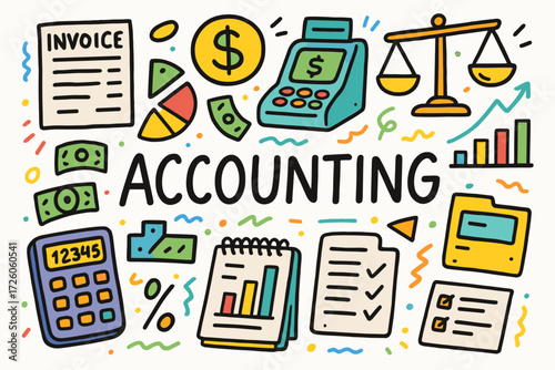 Accounting, finance doodle icon set. business, money line icons collection