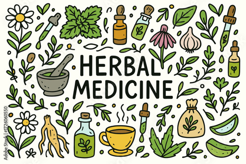 Herbal medicine outline icon set. natural remedies, plant-based health icons collection