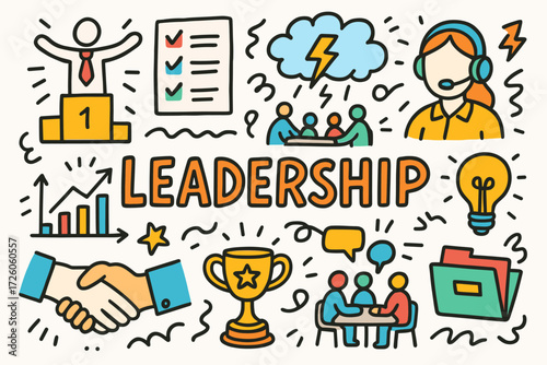 Leadership doodle icon set. teamwork, motivation outline icons collection.