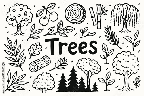 Tree and nature outline icon set. forest, leaves, and plant icons collection in outline style