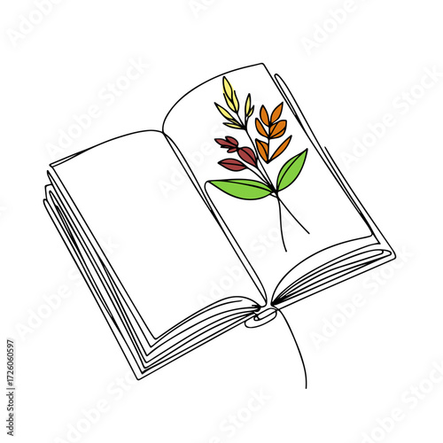 Open book with herbarium single line illustration with color accents