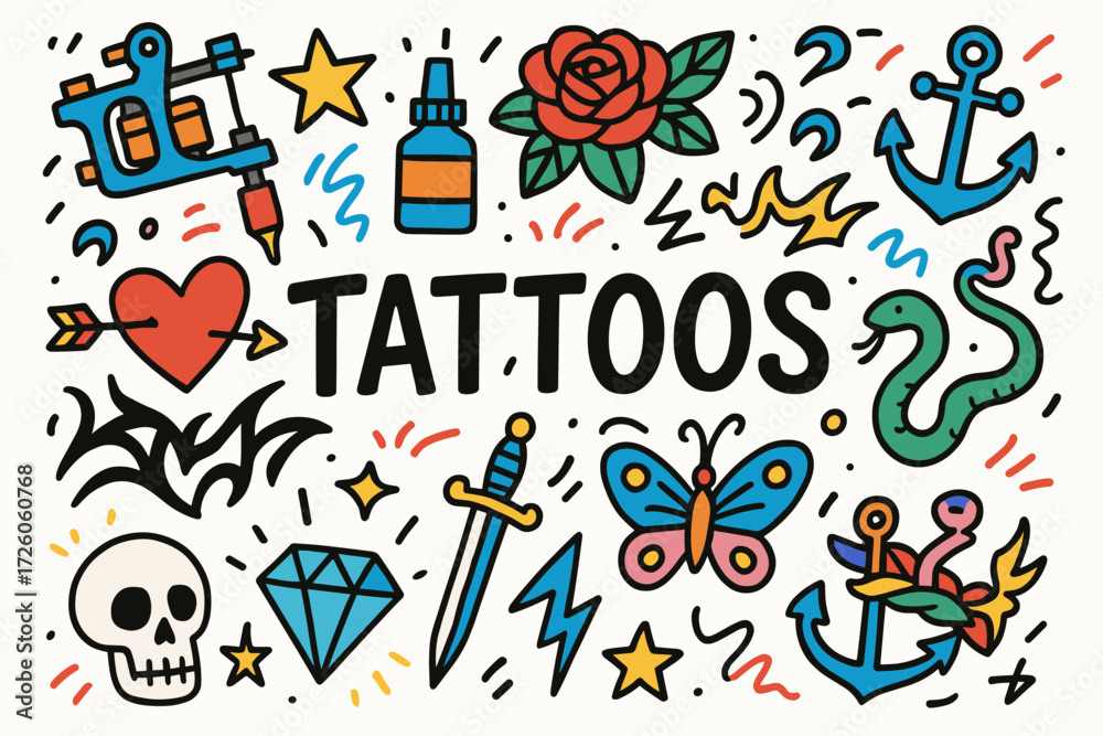 Fototapeta premium Tattoo outline icon set. art, tattoo designs, minimalistic line symbols collection