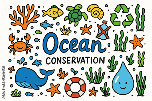 Ocean conservation icon set. marine life and recycling icons in flat style