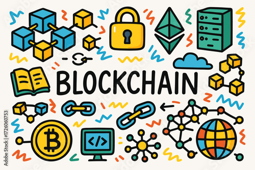 Blockchain, cryptocurrency flat icon set. digital currency, bitcoin technology icons.