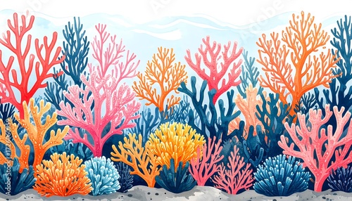 Fototapeta Naklejka Na Ścianę i Meble -  Colorful coral reef with various shapes and colors against a soft blue backdrop