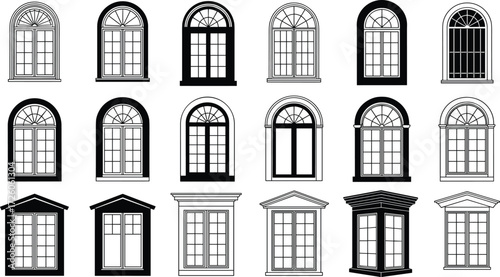Architectural window design, classic frame, modern pane, arched style, rectangular structure, silhouette vector, building detail, home decor, illustration, reference