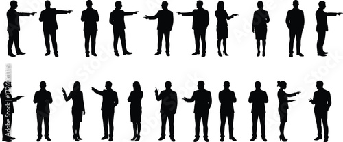 Business silhouette, posture study, corporate gesture, standing pose, character design, workplace interaction, body language, stock vector, office attire, illustration