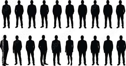 Standing silhouette, human posture, business and casual attire, character design, fashion outline, vector illustration, pose reference, identity concept, minimal style