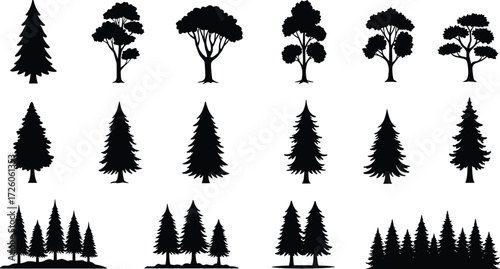 Tree silhouette grid, deciduous and coniferous shapes, forest cluster, botanical design, nature icon, vector illustration, plant outline, minimal style, reference