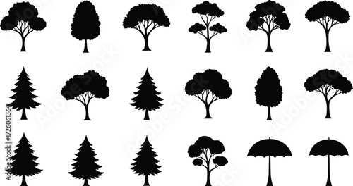 Tree silhouette grid, foliage shape, plant outline, nature icon, botanical design, umbrella contrast, vector illustration, minimal style, reference, anomaly