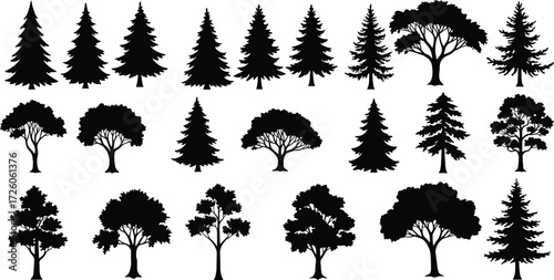 Tree silhouette set, forest shapes collection, coniferous and deciduous tree icons, nature vector design, black tree graphic illustration