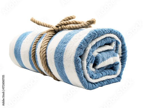Soft Blue and White Striped Beach Towel Rolled with Rope
