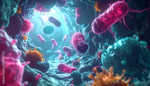 Fototapeta Naklejka Na Ścianę i Meble -  Vibrant microscopic view of bacteria and cells