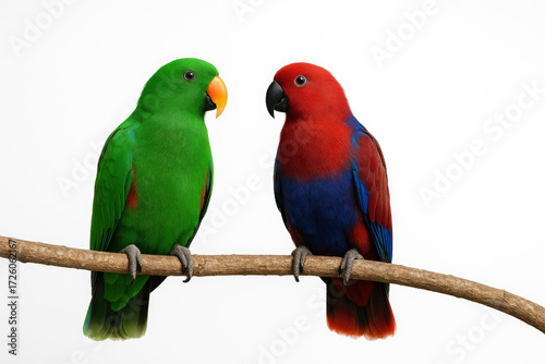 A pair of Eclectus roratus male and female parrots are sitting on a branch against isolated on white background.