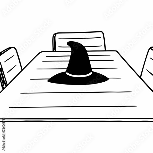 Simple line drawing of a witch hat on a table with chairs  