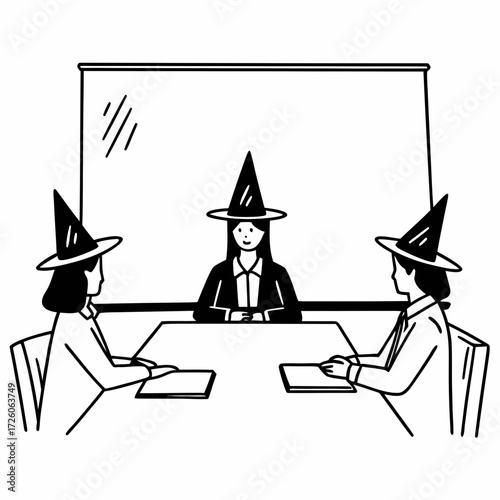 Three witches in meeting discussing plans at a conference table 