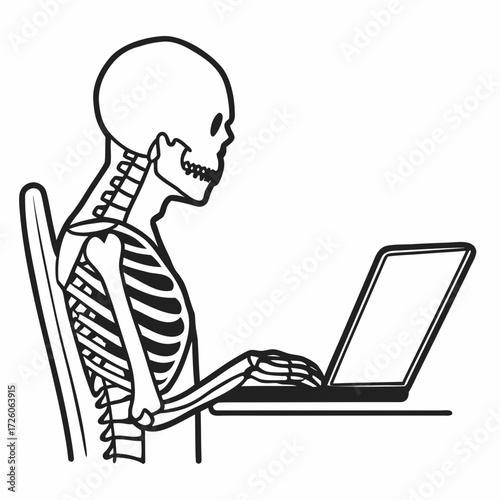 Skeleton working on a laptop while sitting at a desk  