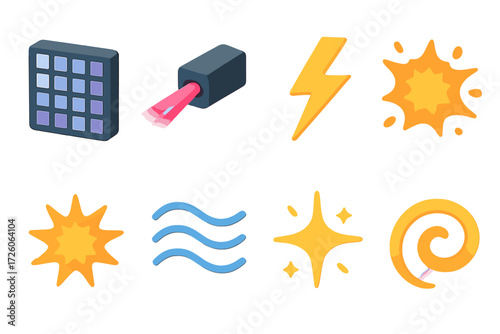Isometric Visual Effects Icons. Visual effects set icons in modern isometric flat : LED wall, laser beam, zap mark, explosion burst, starburst, wave