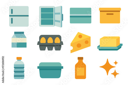 Fridge Icons Collection. Basic fridge shelf set of icons in abstract flat : refrigerator, open fridge door, fridge shelf, drawer, milk carton, egg