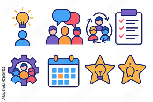 Innovative Team Icons. Team brainstorm in modern flat vector : eureka moment, chat bubbles, group avatars, swirling arrows, checklist, gear with