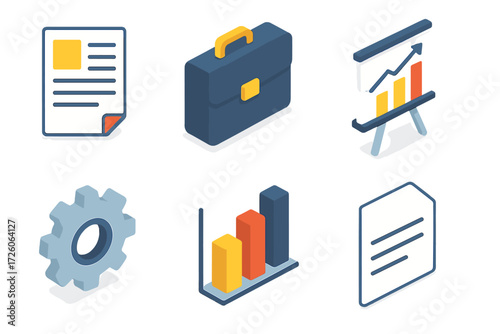 Isometric Business Icons. Business tools set icons in modern isometric flat : project brief, briefcase, chart, gear, bar graph, document