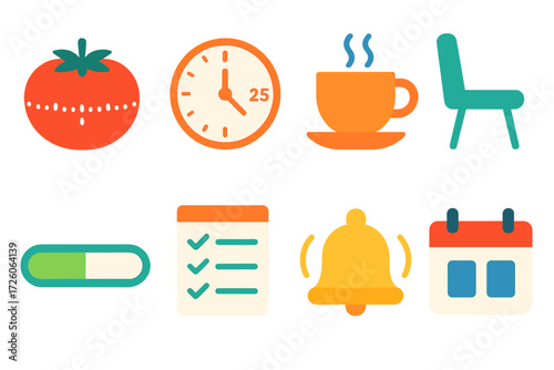 Pomodoro Productivity Icons. Pomodoro style icons in modern flat vector : tomato timer, 25 min clock, short break coffee cup, long break chair,